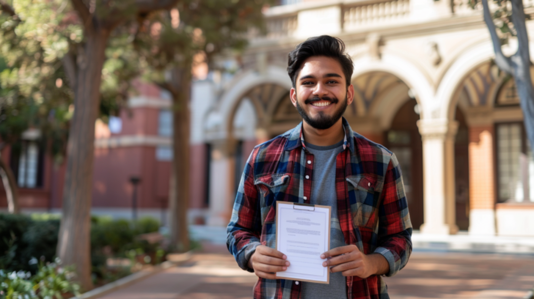 Student standing in front of university smiling on getting a USC acceptance rate letter.